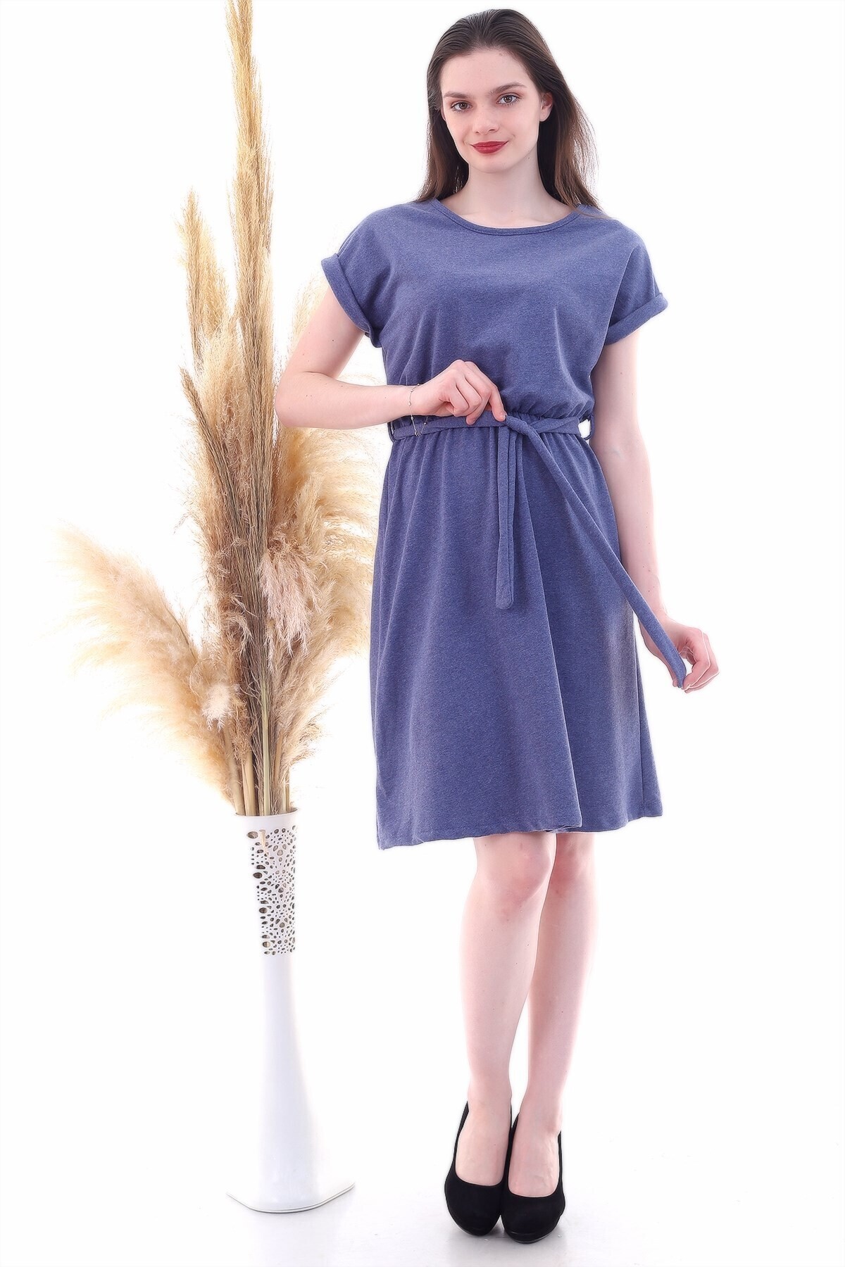 9292931 İkiiplik Beli Lastikli Yarasa Kol Elbise INDIGO