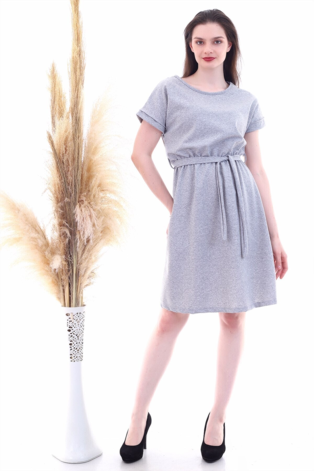 9292931 İkiiplik Beli Lastikli Yarasa Kol Elbise GRI MELANJ