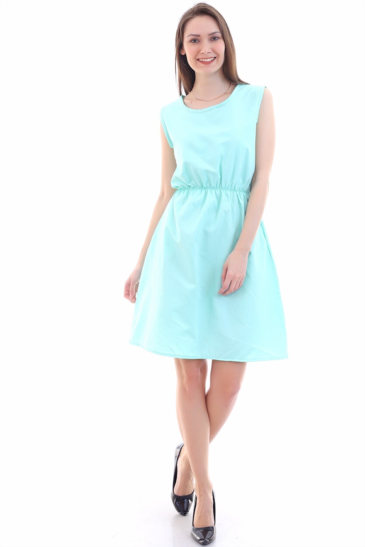 9315020 Dok.Viskon Desenli Cepli Kolsuz Elbise MINT