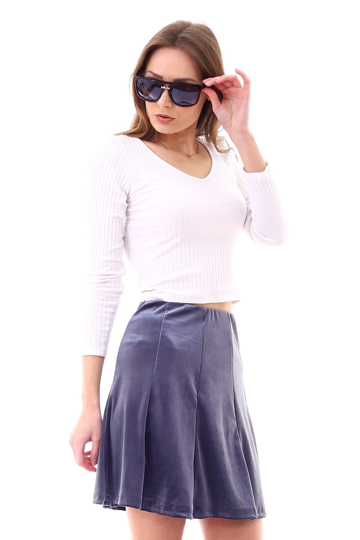 9474746 Kadife Parçalı Lastikli Kısa Etek FUME