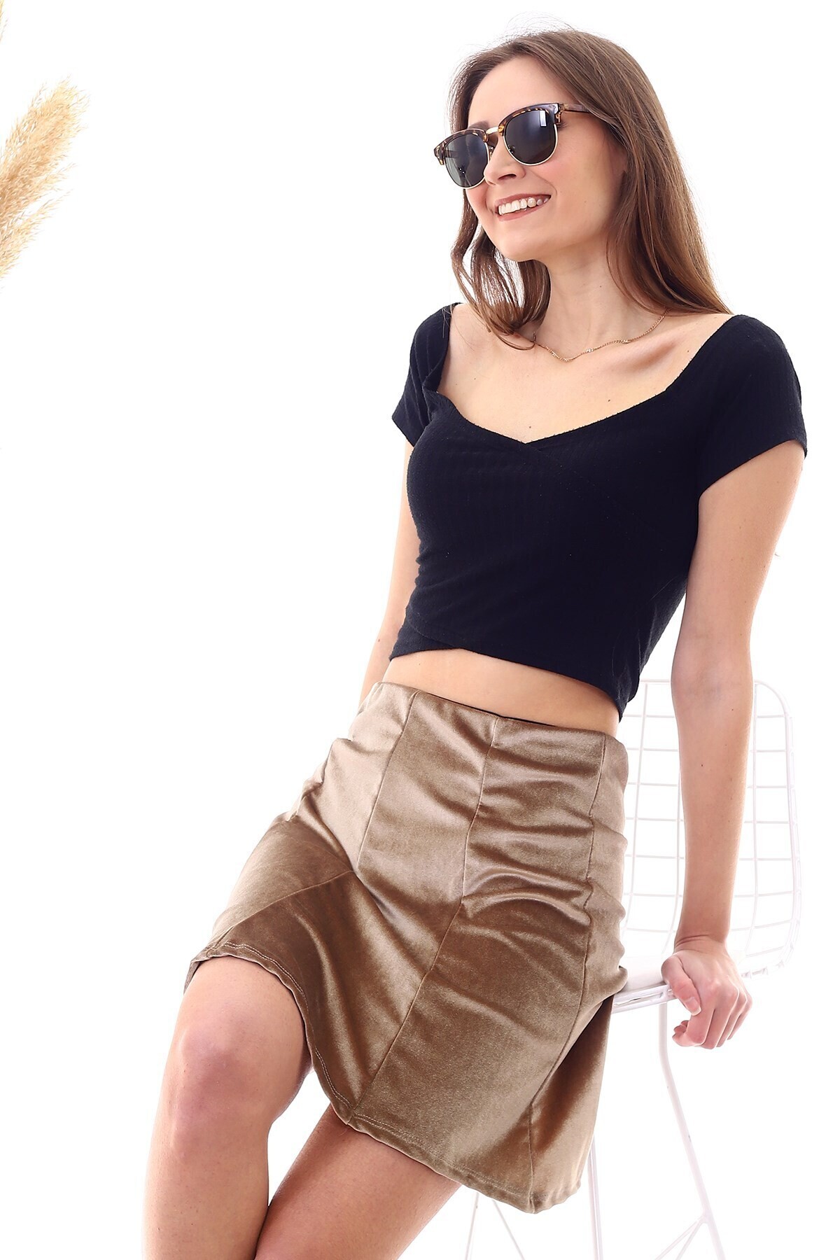 9474746 Kadife Parçalı Lastikli Kısa Etek VIZON