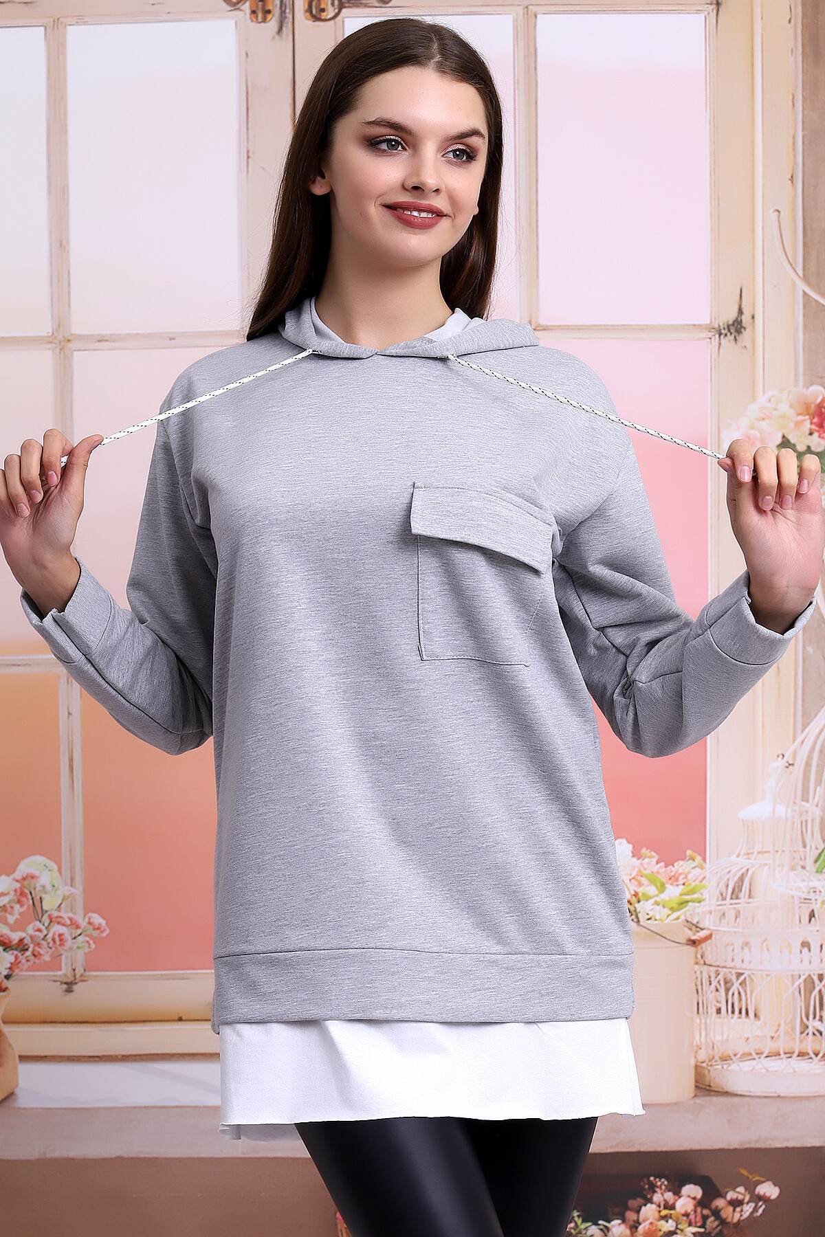 21404011 İkiiplik Kapşonlu Cepli Etek Garnili Uzun Sweatshir GRI MELANJ
