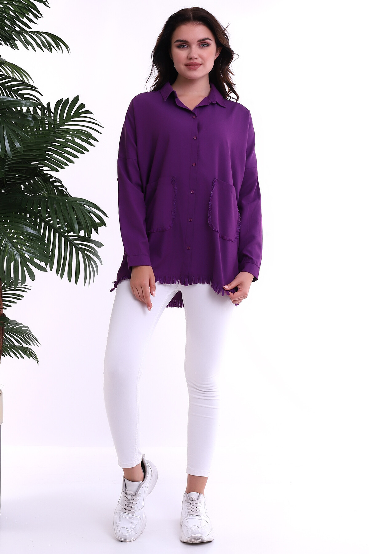 22032884 Şamre Eteği Püsküllü Çift Cepli Yıkamalı Gömlek MURDUM