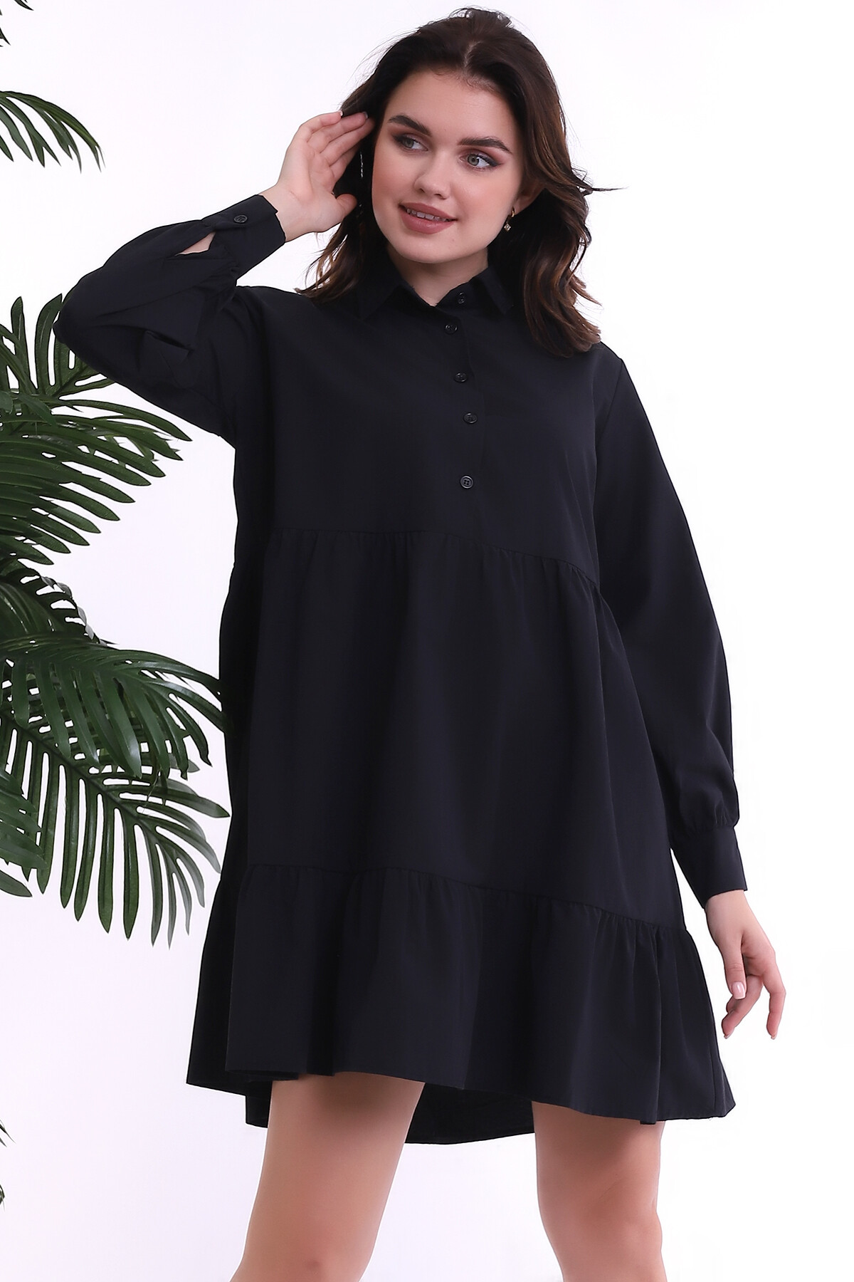 22224058 TerryCotton Gömlek Yaka Patlı Katlı Uzun Kol Elbise SIYAH