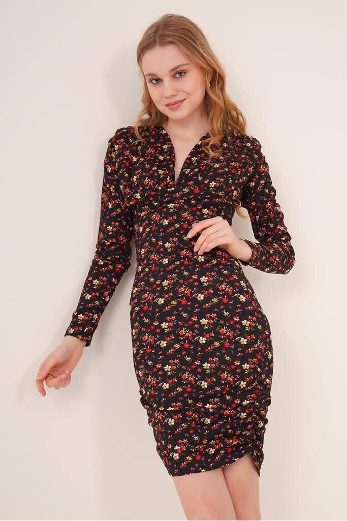 22434124 Kruvaze Yaka Yanları Büzgülü Uzun Kol Elbise SIYAH KIRMIZI