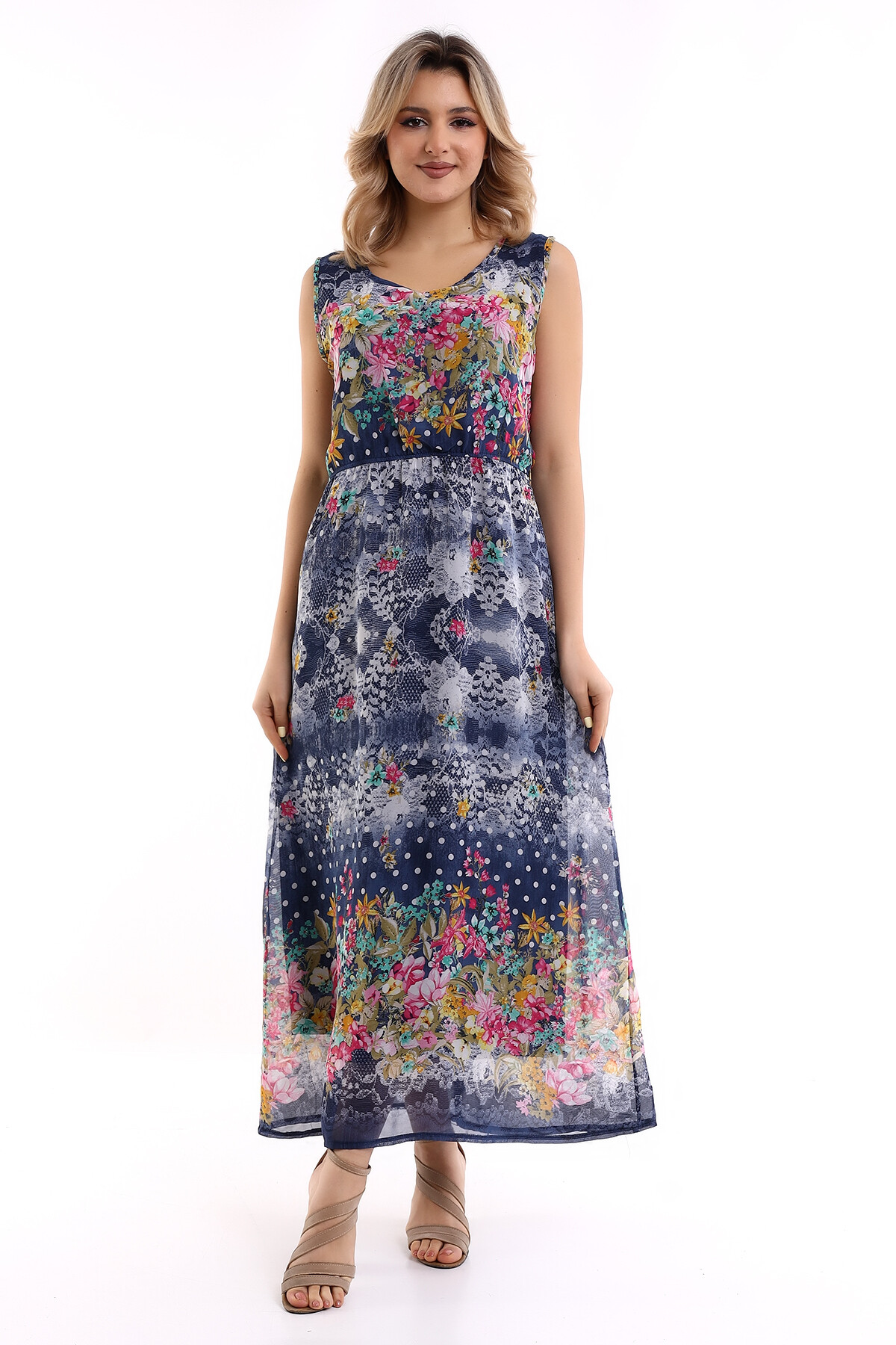 22494940 Şifon Çiçek Desenli Kolsuz Uzun Elbise LACI-FUSYA ÇIÇEK DESEN