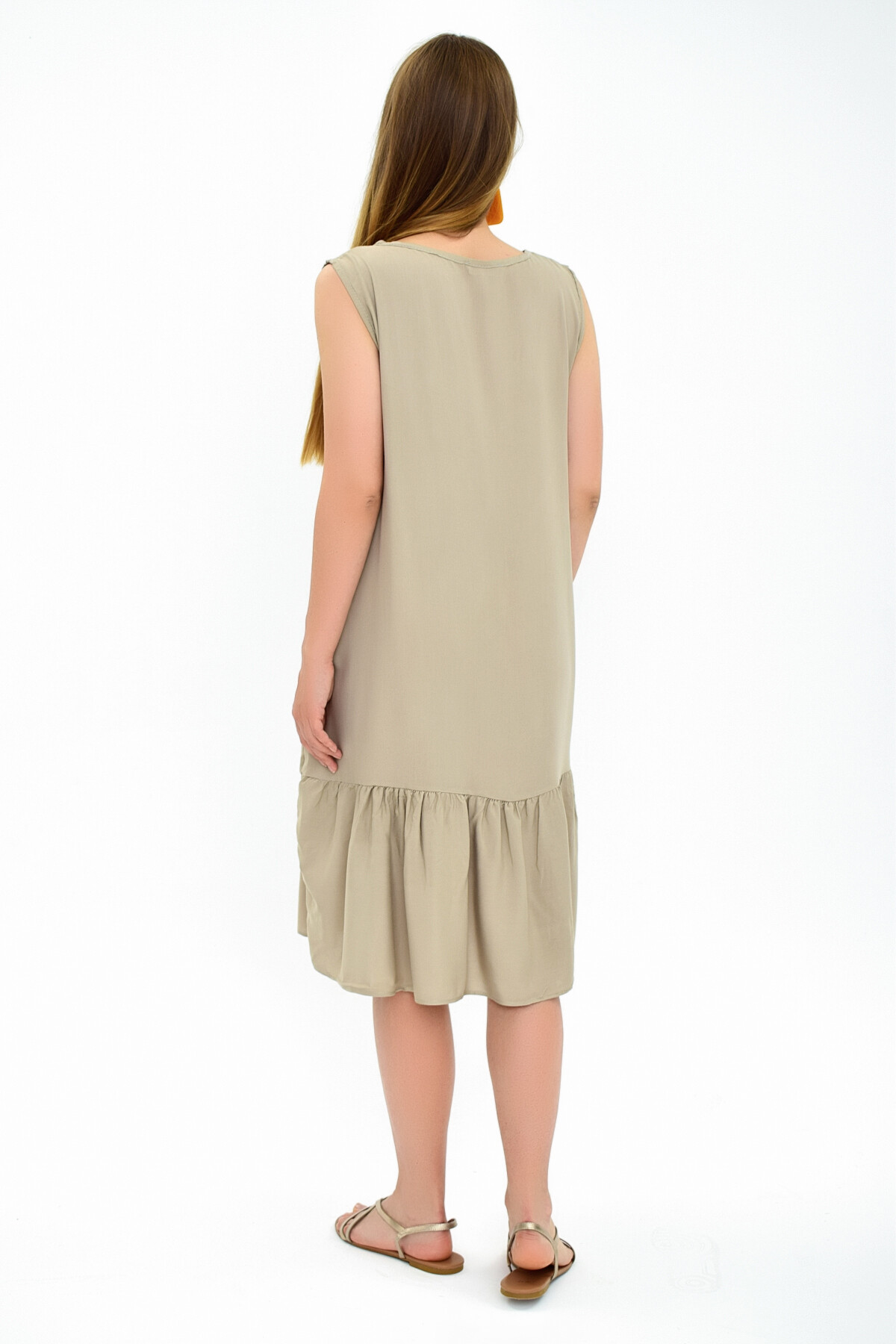 9303032 Dok.Eteği Fırfırlı Cepli Kolsuz Elbise VIZON