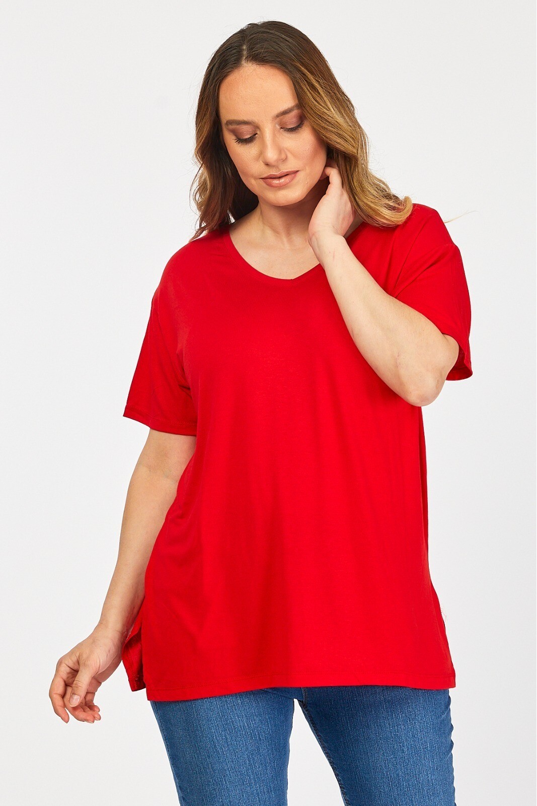 B21399902 Büyük Beden Viskon V Yaka Kısa Kol Bluz KIRMIZI