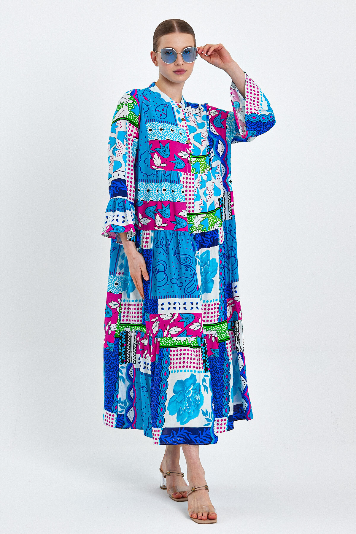 VP5293 Hakim Yaka Desenli Uzun Kol Elbise A.MAVI