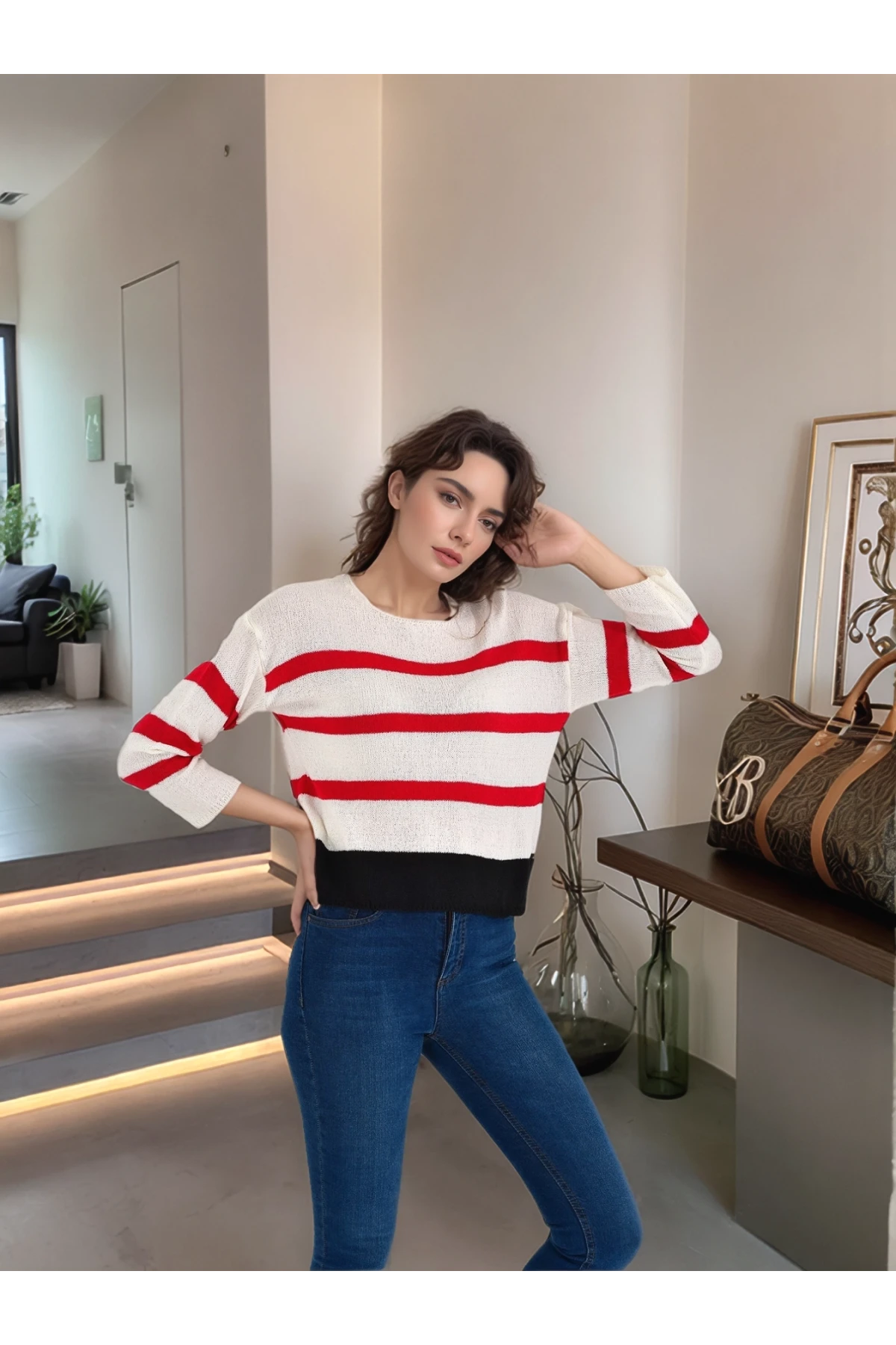 20026185 Triko Çizgili Bluz EKRU-KIRMIZI