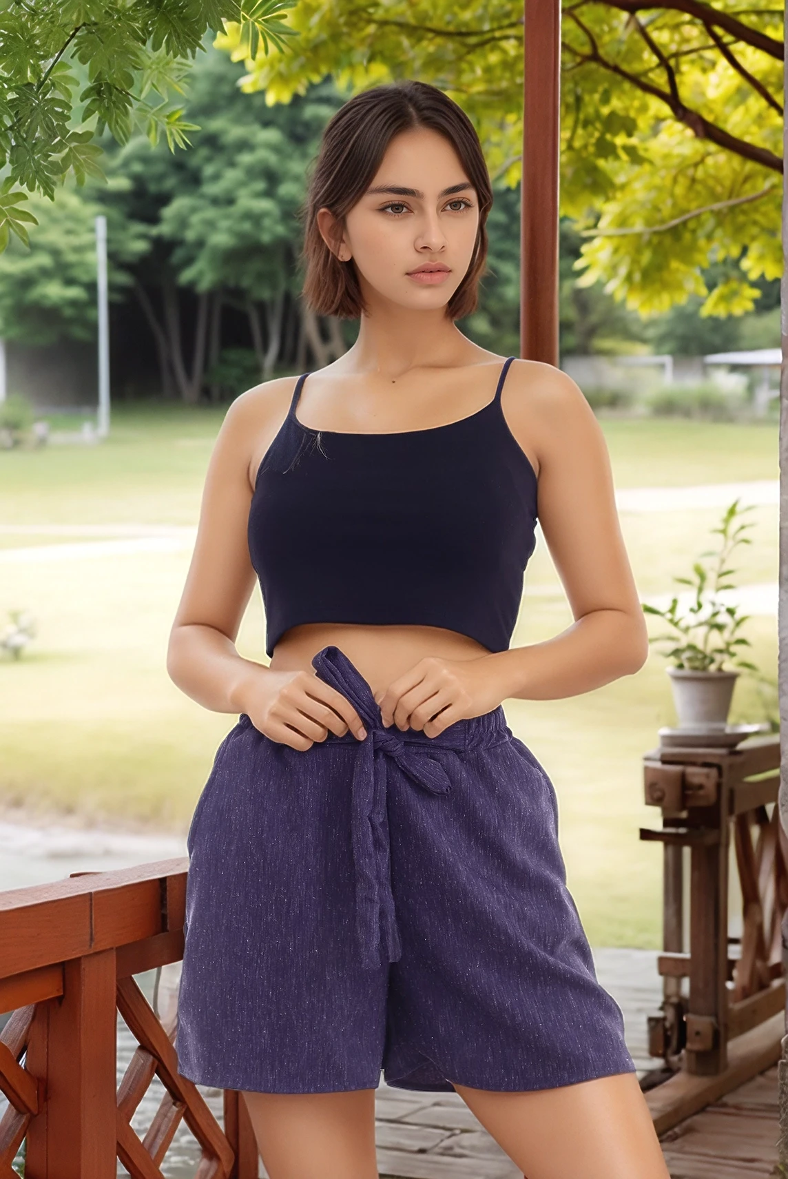 20074507 Dok.Keten Cepli Bağlamalı Beli Lastikli Şort LACIVERT