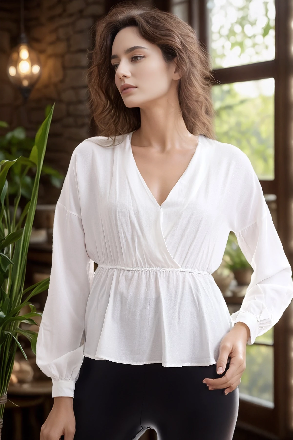 20333307 Dok.Viskon Kruvaze Yaka Uzun Kol Bluz EKRU