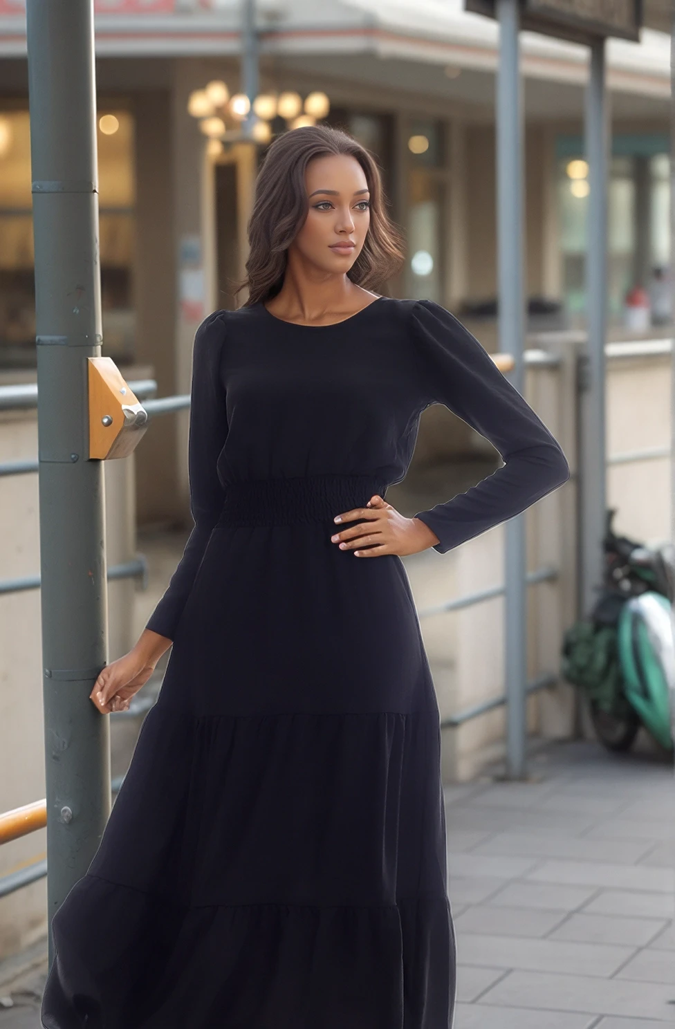 20333316 Ayrobin Beli Gipeli Uzun Kol Uzun Elbise SIYAH