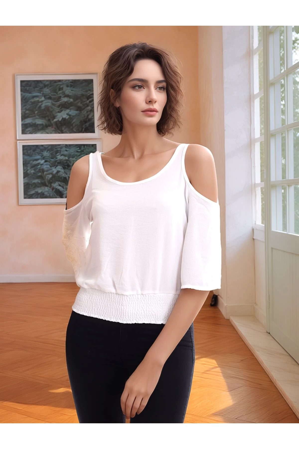 20333451 Ayrobin Omuzu Açık Beli Lastikli Kısa Kol Bluz EKRU