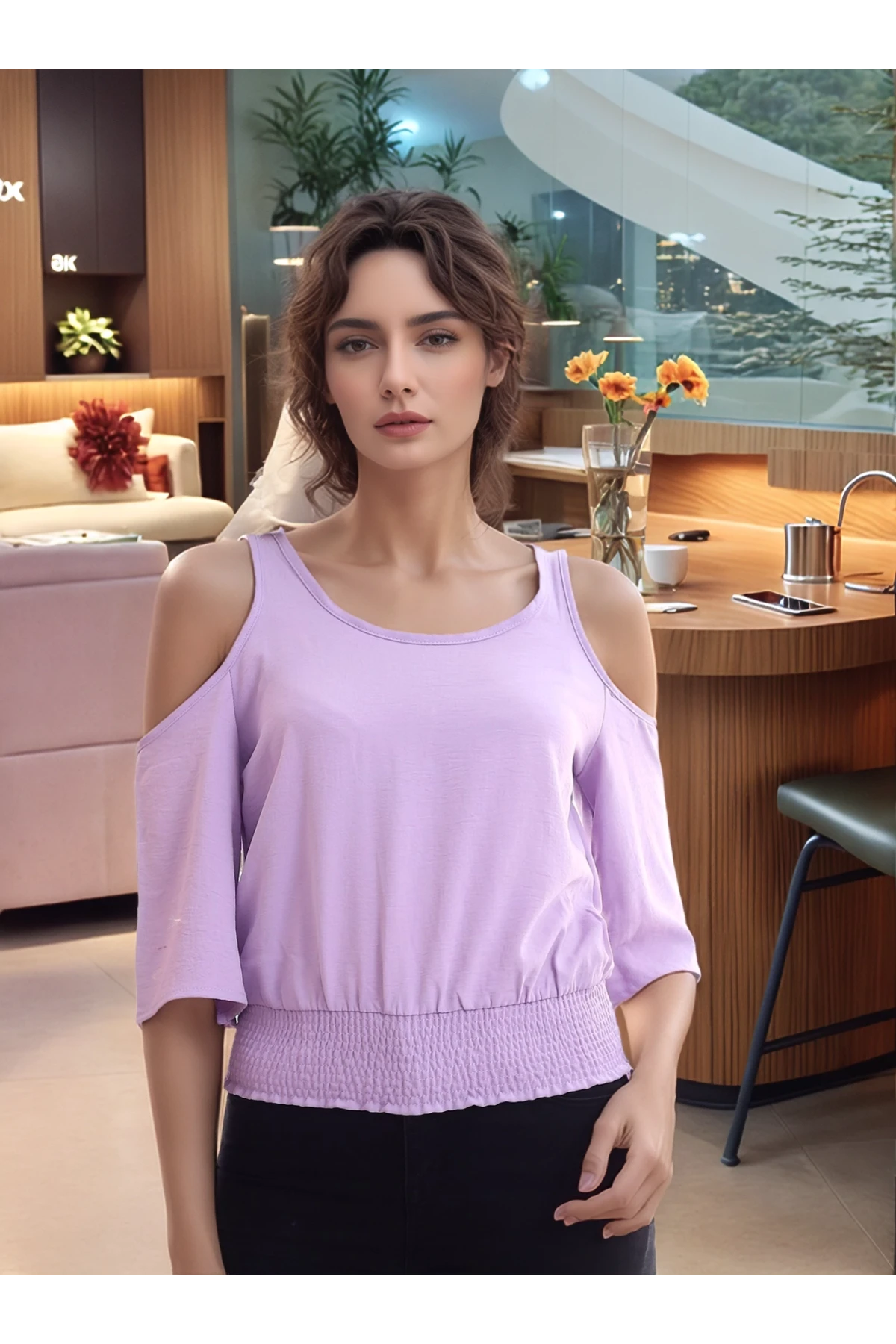 20333451 Ayrobin Omuzu Açık Beli Lastikli Kısa Kol Bluz LILA