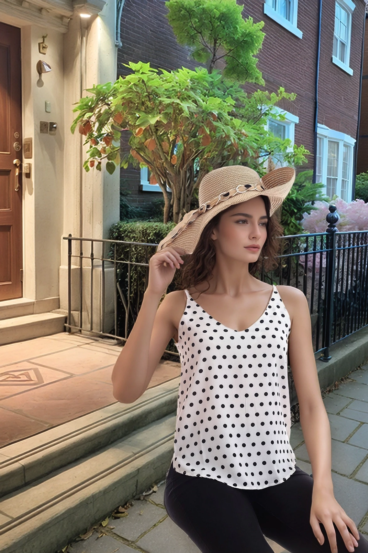 20333453 Kobe Puantiye Desenli İp Askılı Bluz EKRU