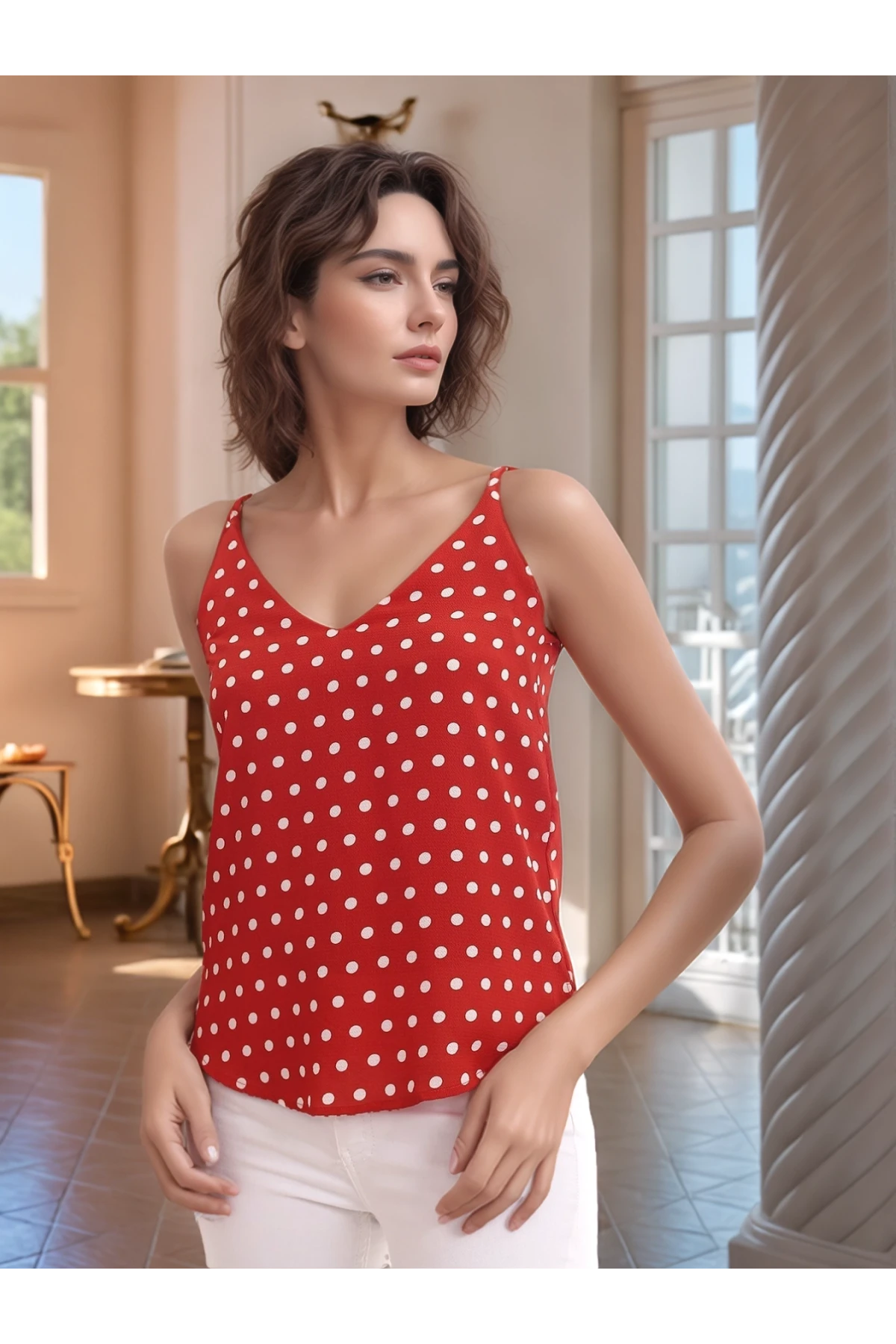 20333453 Kobe Puantiye Desenli İp Askılı Bluz KIREMIT