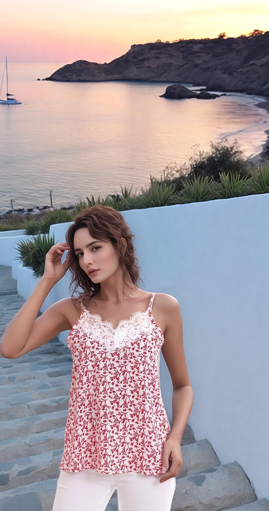 20333454 Kobe Desenli Yaka Dantelli Kolsuz Bluz KIRMIZI ÇIÇEK DESENLI