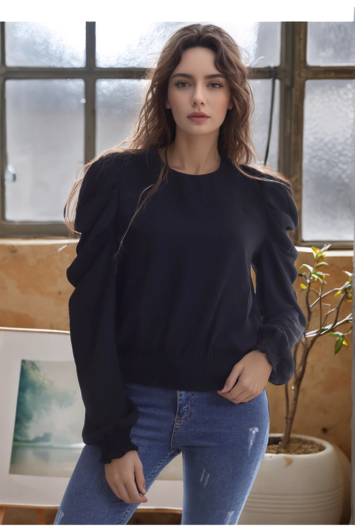 20343329 Sunshine Kol Pileli Etek Gipeli Uzun Kol Bluz SIYAH