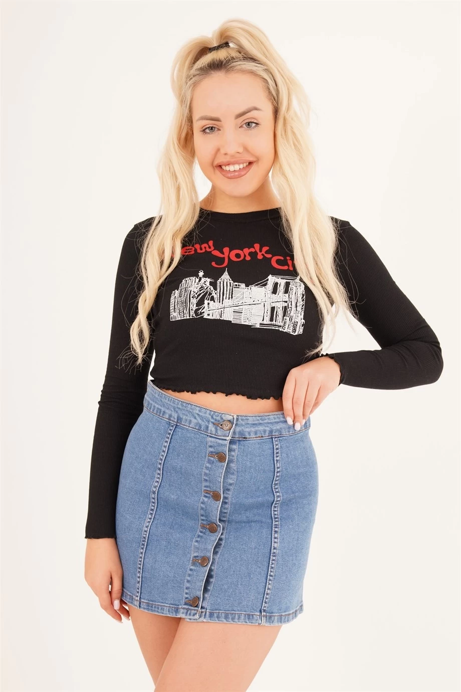 23254244 Kaşkorse NewYork City Baskılı Bluz SIYAH
