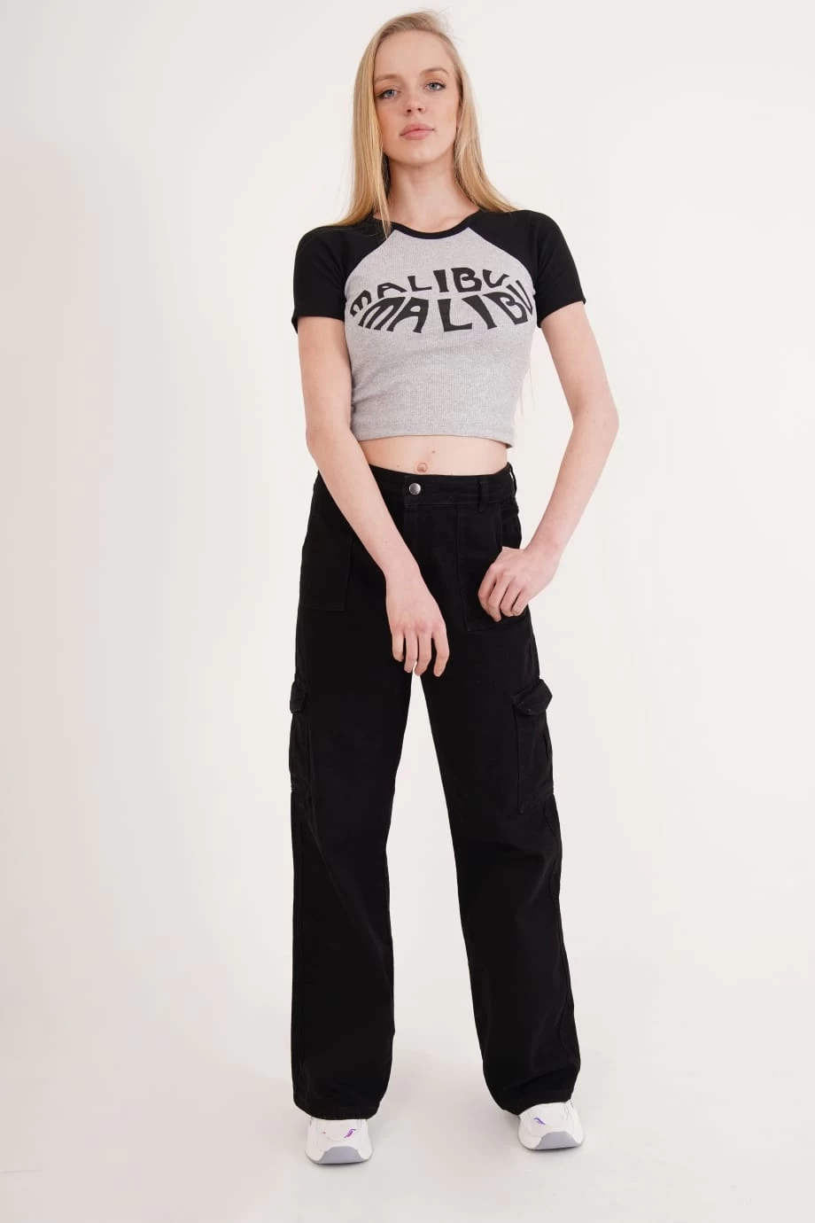 23254271 Kaşkorse Malibu Baskılı Kısa Kol Crop Bluz SIYAH