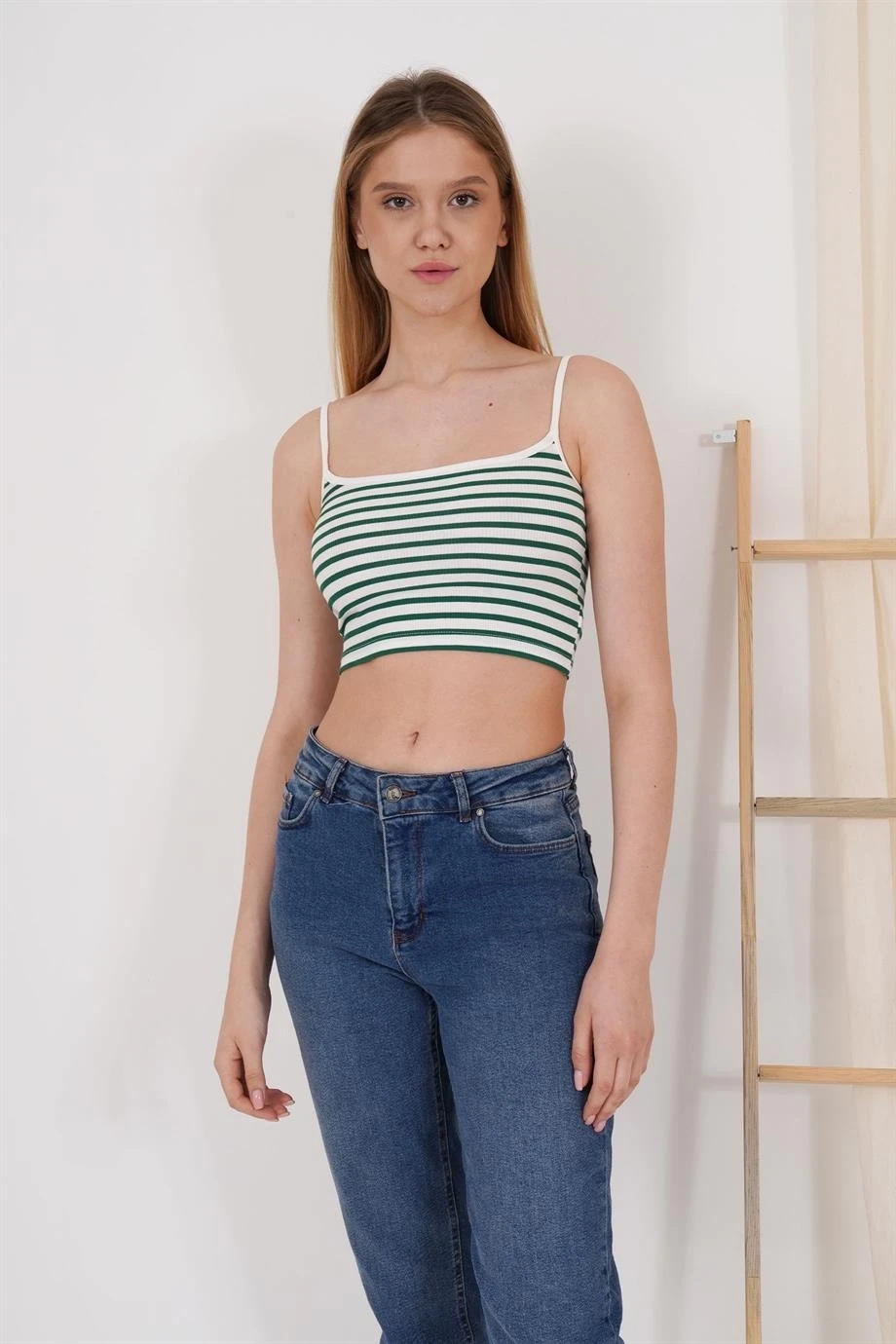 23254291 Kaşkorse İnce Askılı Çizgi Desen Crop Atlet YESIL