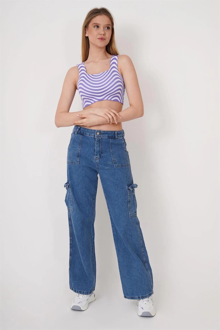 23256429 Triko Zebra Desenli Kare Yaka Crop Atlet LILA