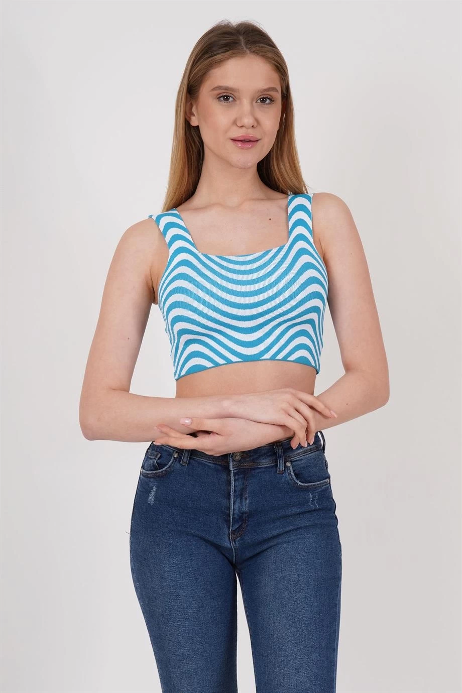 23256429 Triko Zebra Desenli Kare Yaka Crop Atlet MAVI