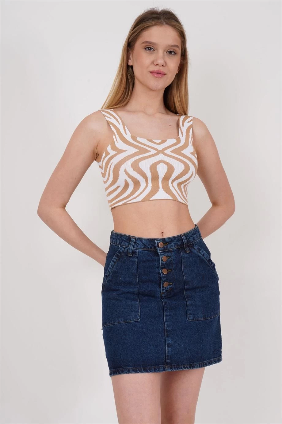 23256430 Triko Desenli Askılı Kare Yaka Atlet BEJ