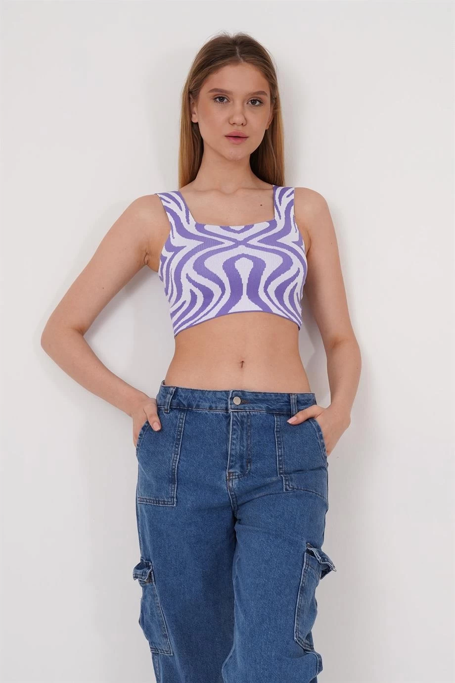 23256430 Triko Desenli Askılı Kare Yaka Atlet LILA