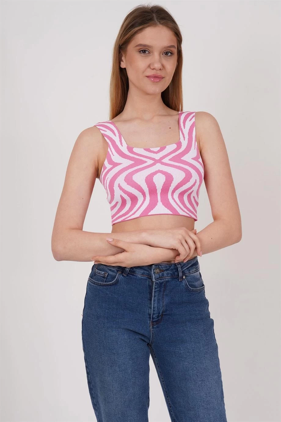 23256430 Triko Desenli Askılı Kare Yaka Atlet PEMBE