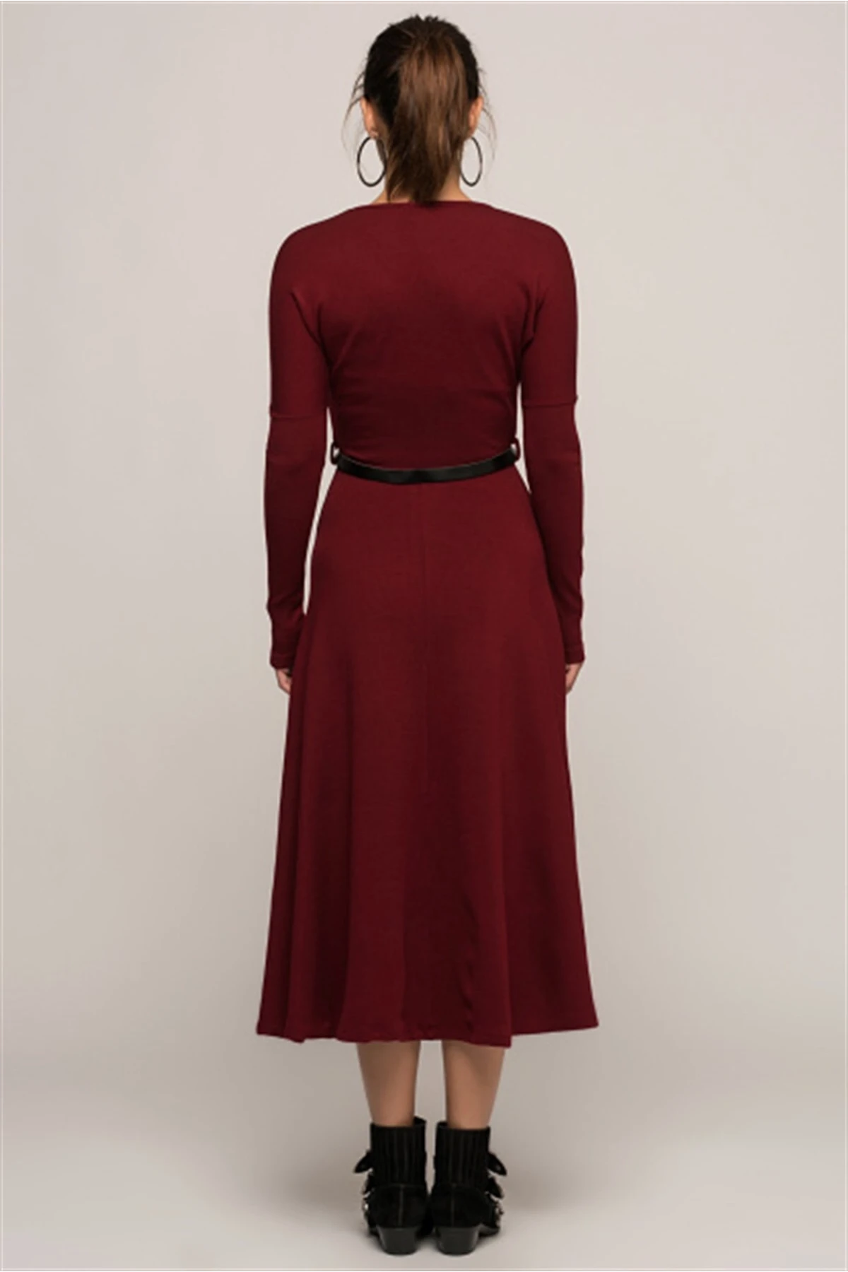 7372368 Eteği Volanlı Kemerli Uzun Elbise BORDO