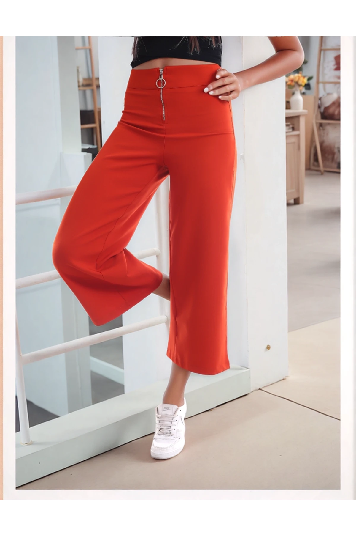 9092864 Azra Önü Fermuarlı Bol Paça Pantolon KIREMIT