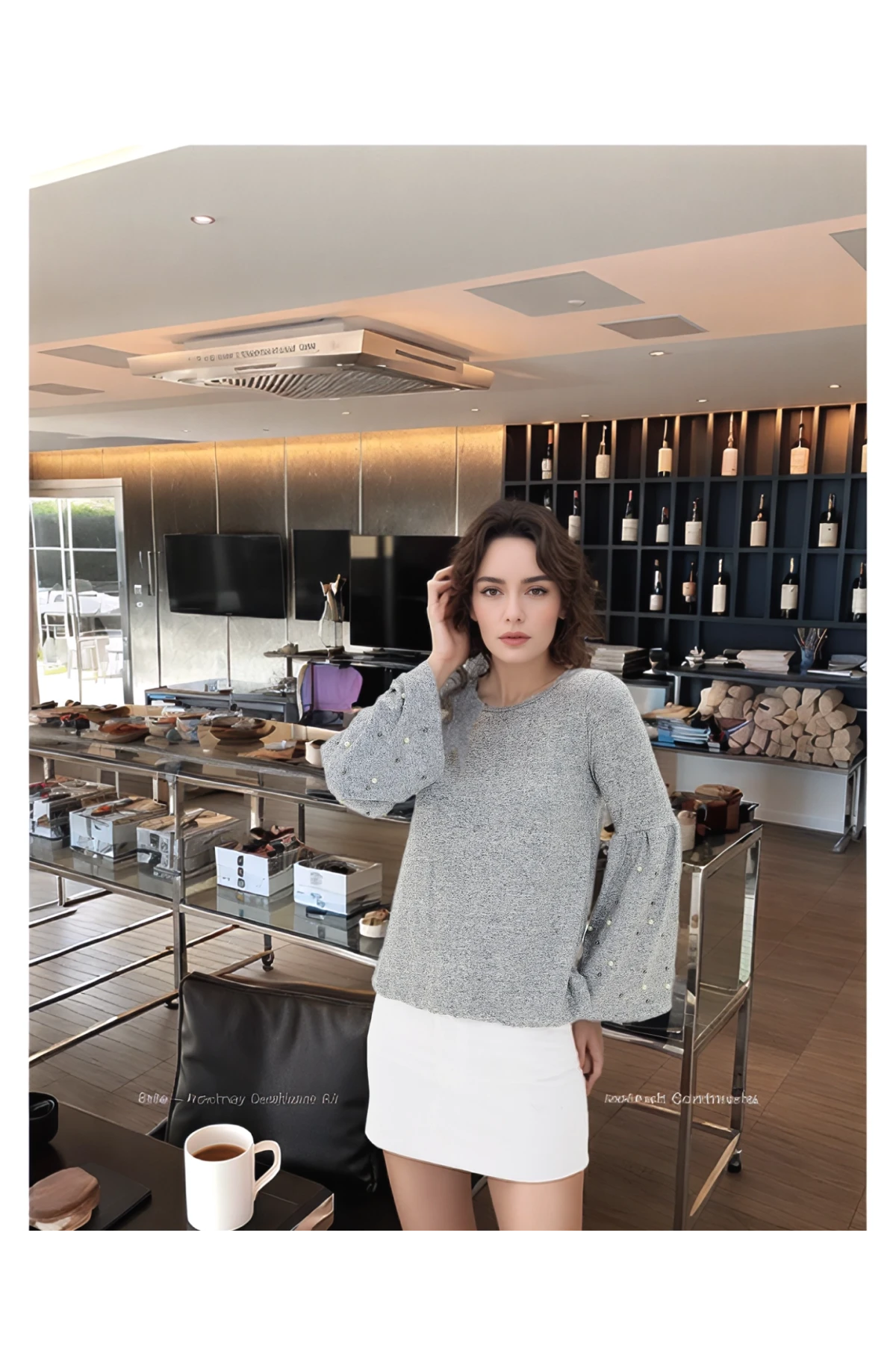 9100985 Yumoş Kolu Geniş Volanlı İncili Bluz GRI