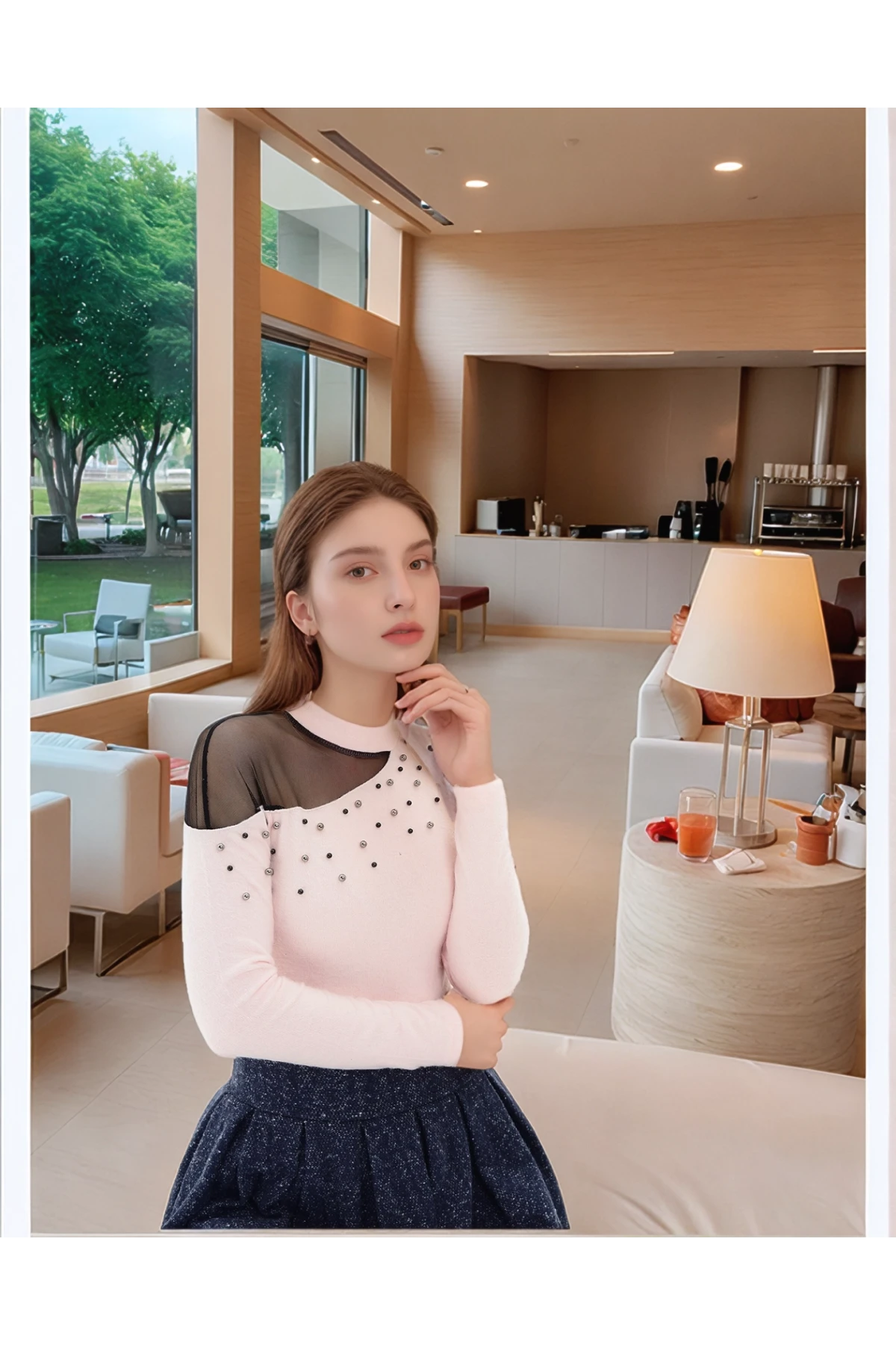 9100986 Yumoş Tek Omuzu Tül İncili Bluz PUDRA