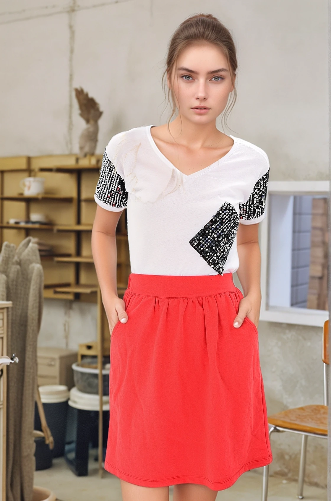 9111111 İkiiplik Beli Lastikli Cepli Etek KIRMIZI