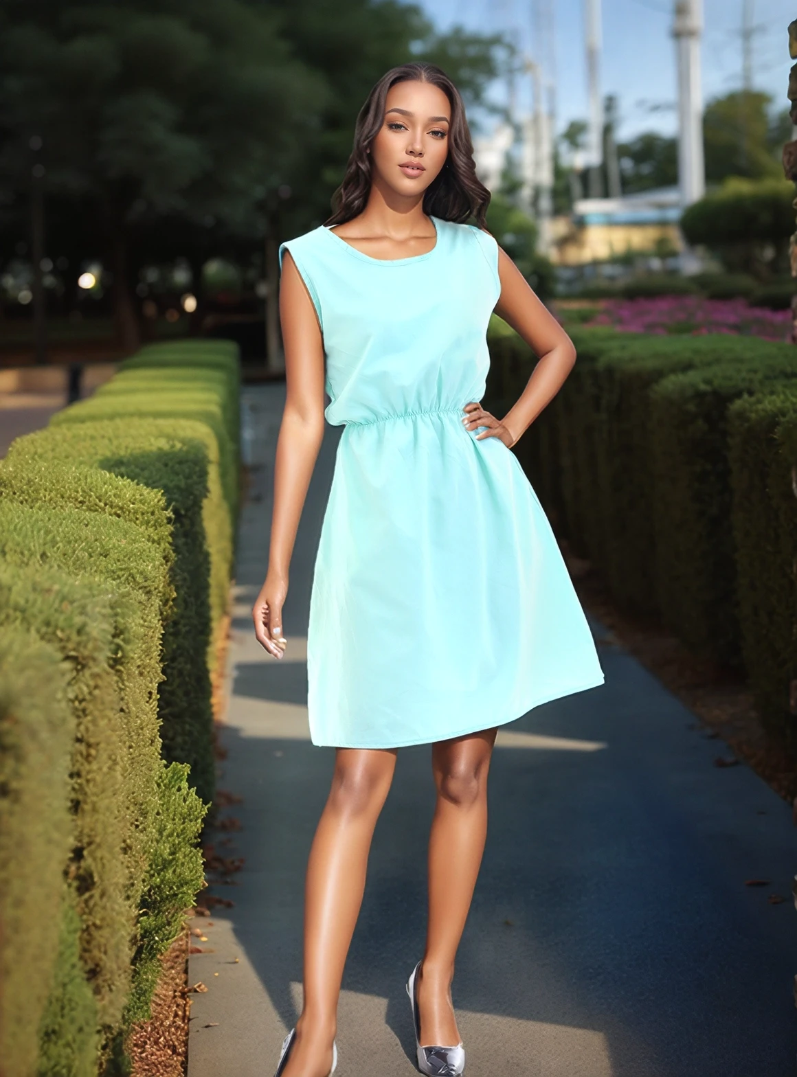 9315020 Dok.Viskon Desenli Cepli Kolsuz Elbise MINT