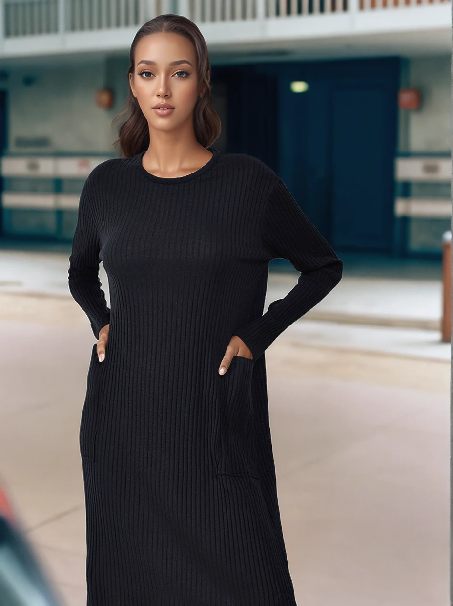 9361437 Kalın Fitilli Kaşkorse Cepli Uzun Tunik Elbise SIYAH