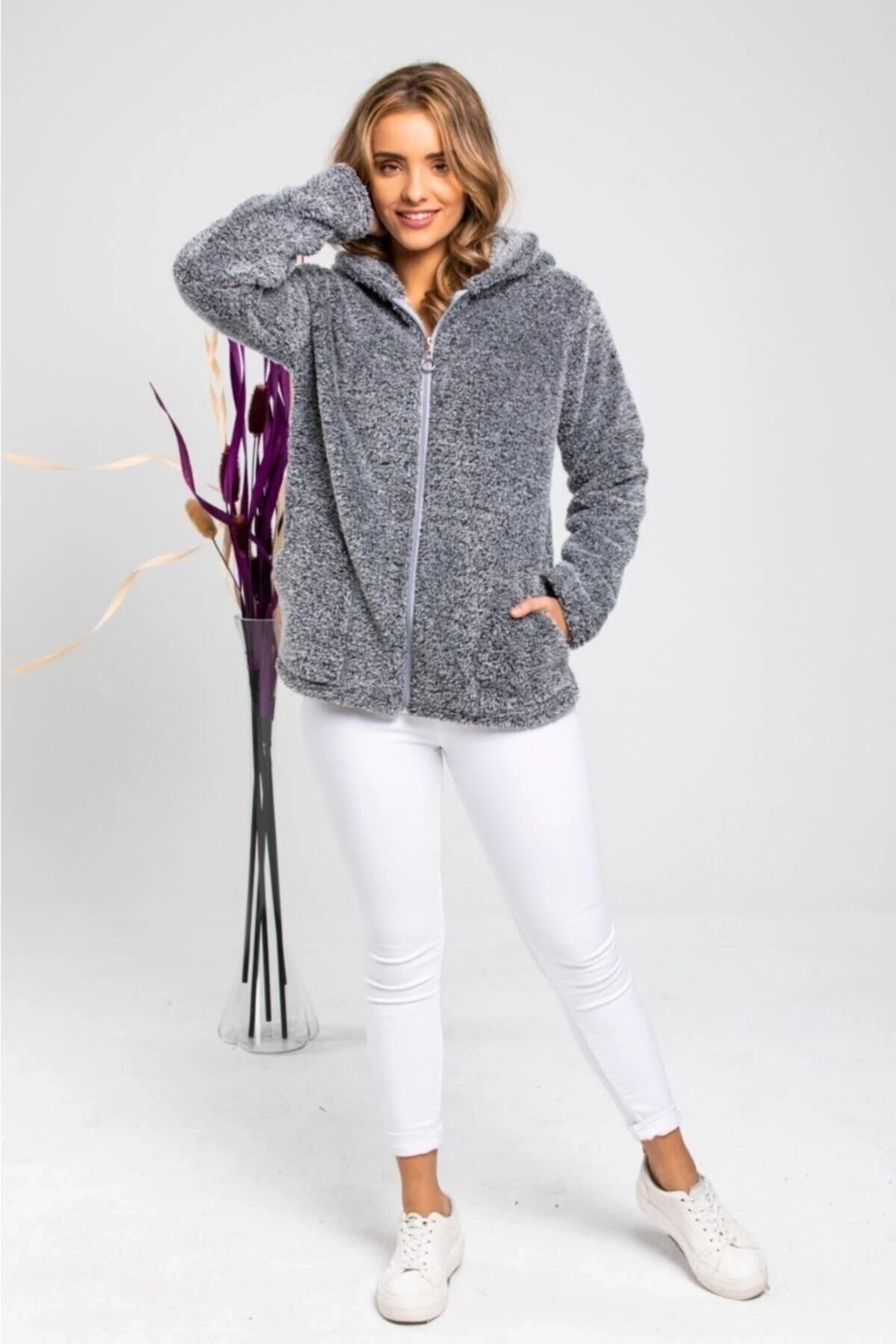 Kadın Gri Fermuarlı Polar