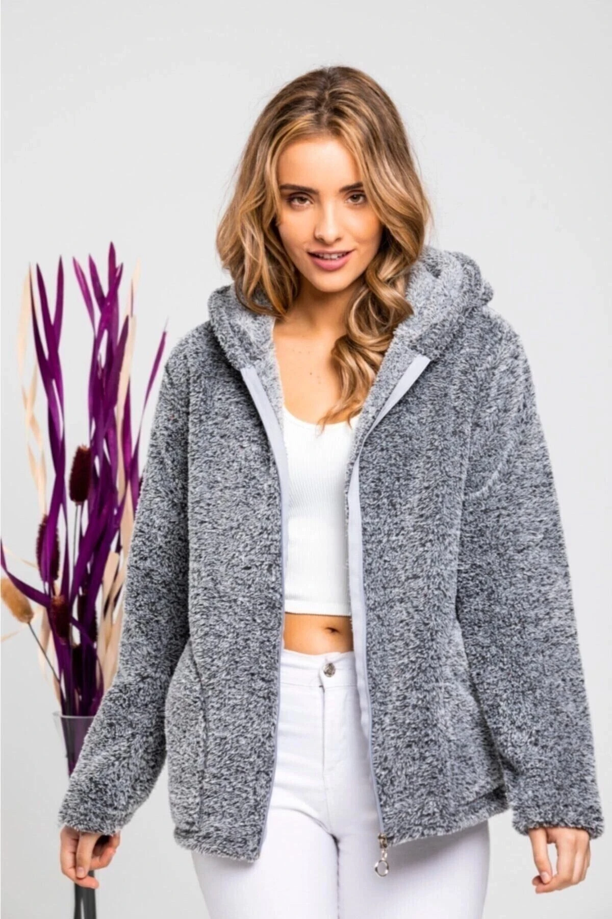 Kadın Gri Fermuarlı Polar