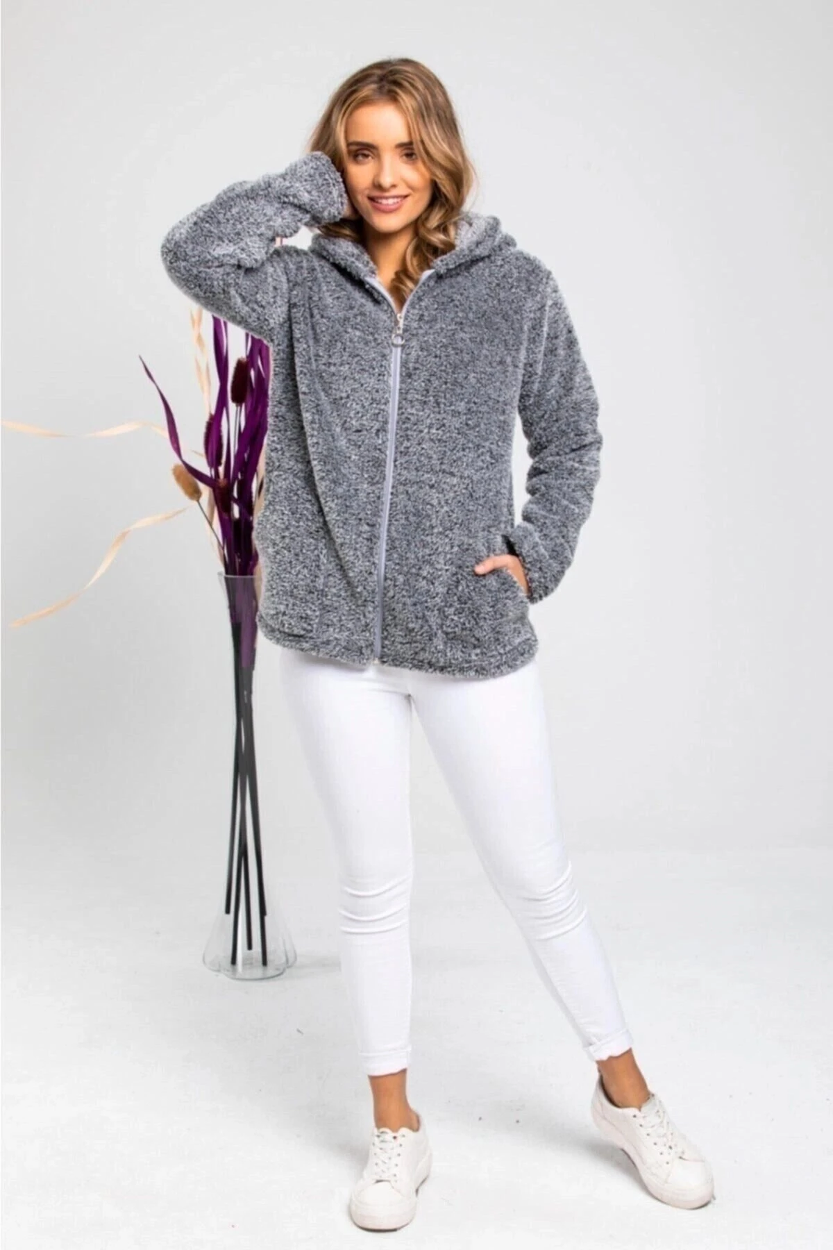 Kadın Gri Fermuarlı Polar
