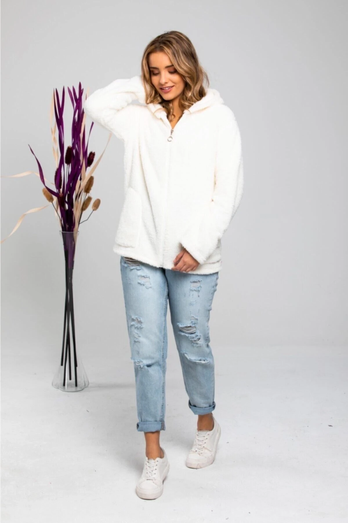 Kadın Krem Fermuarlı Polar