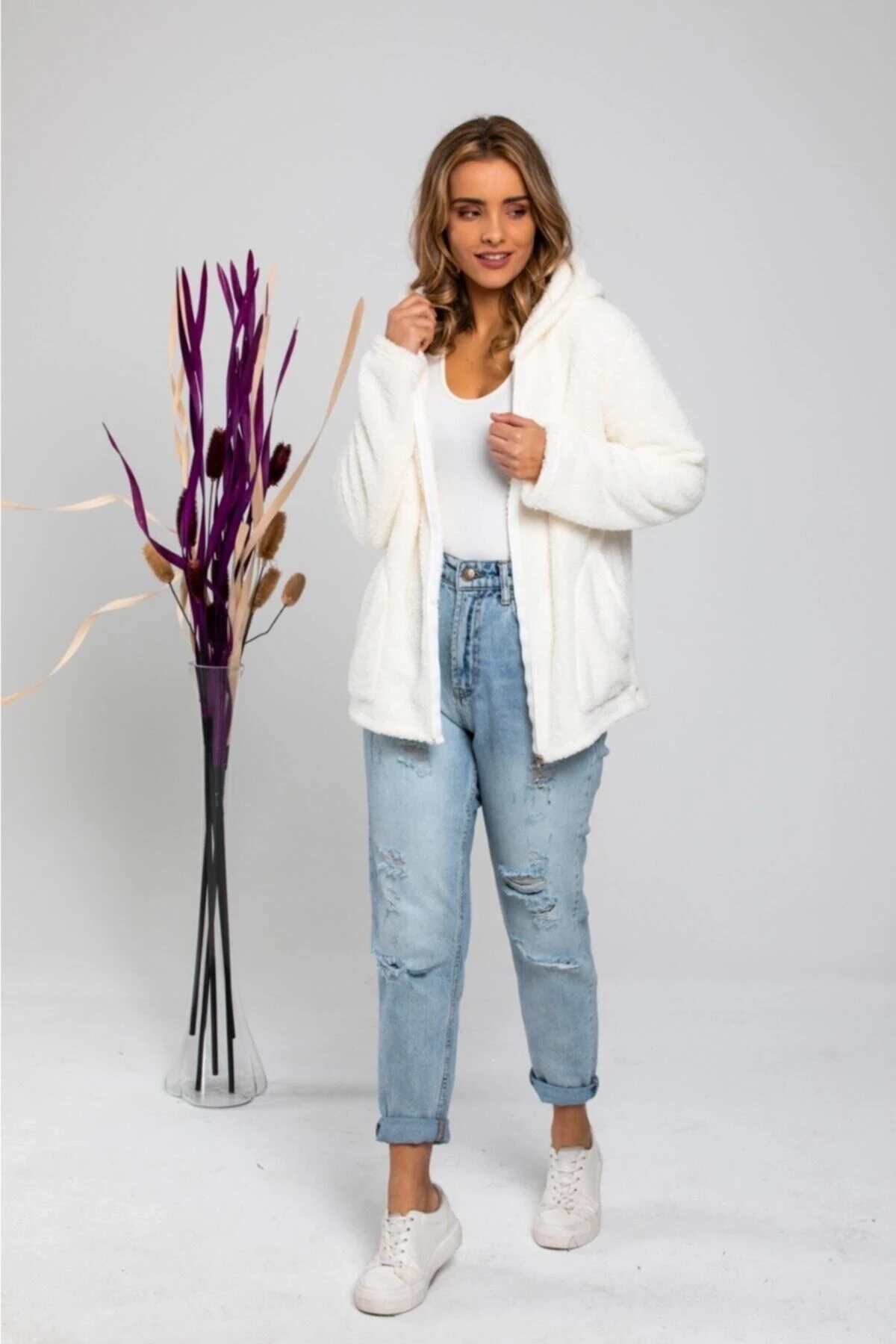 Kadın Krem Fermuarlı Polar