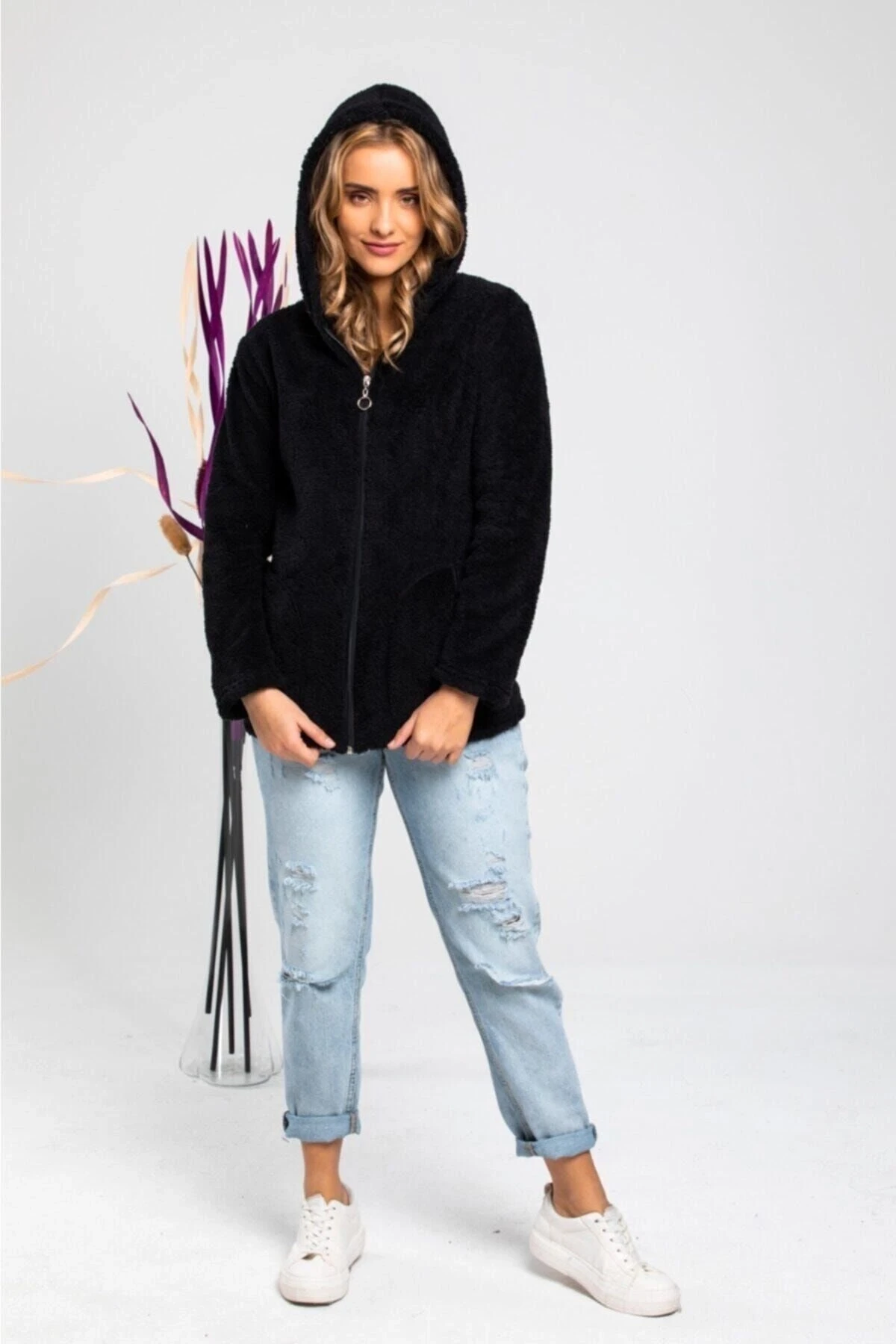 Kadın Siyah Fermuarlı Polar