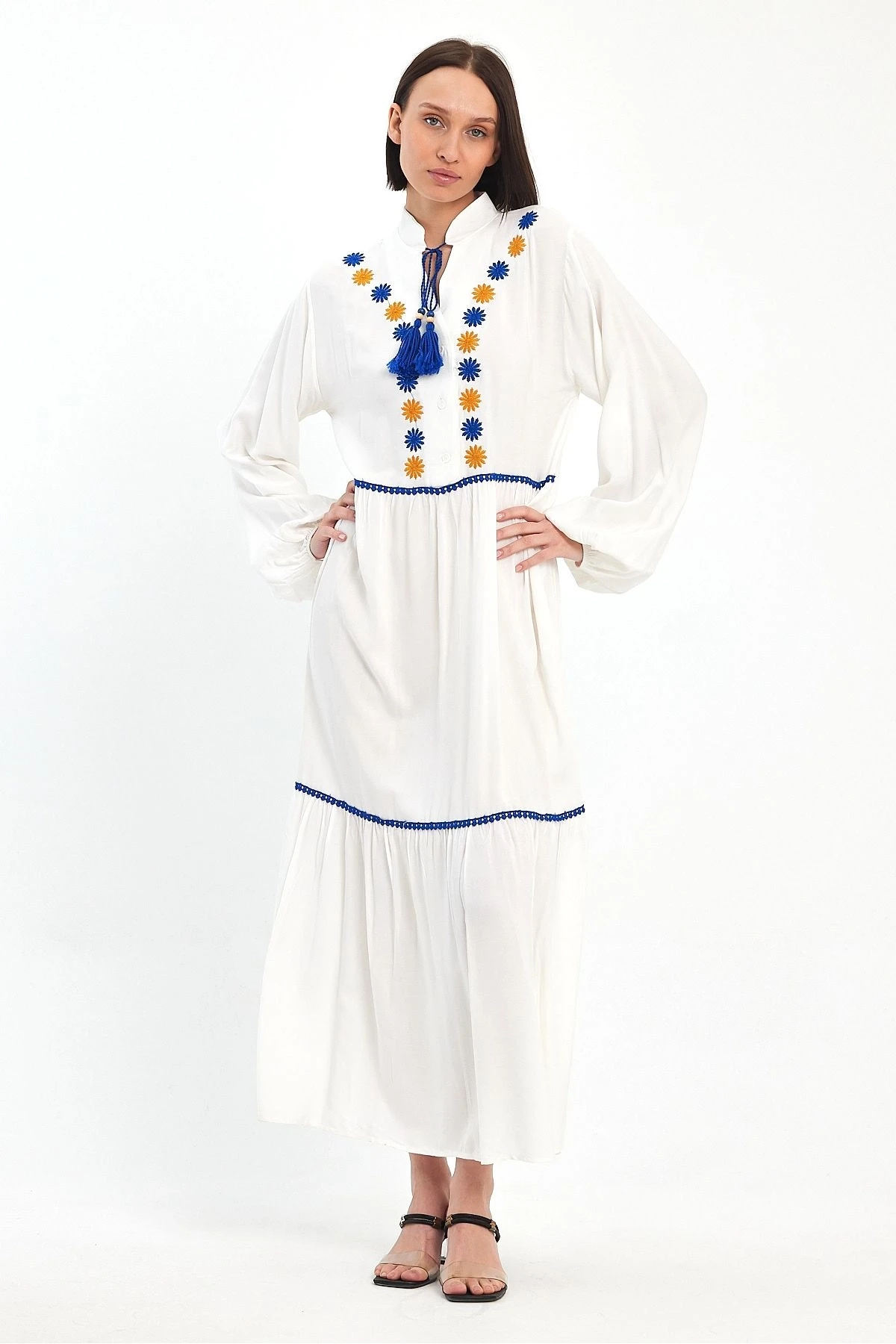 VP1004 Hakim Yk.Bağcıklı Nakış Dty Balon Kol Uz.ViskonElbise BEYAZ