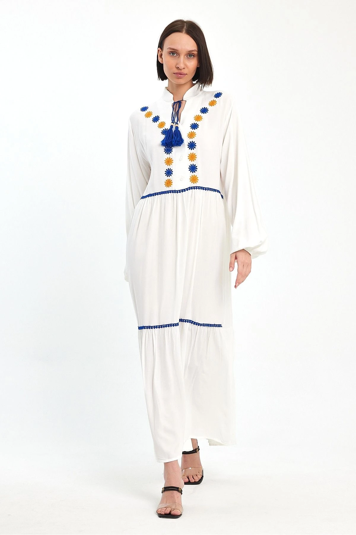 VP1004 Hakim Yk.Bağcıklı Nakış Dty Balon Kol Uz.ViskonElbise BEYAZ