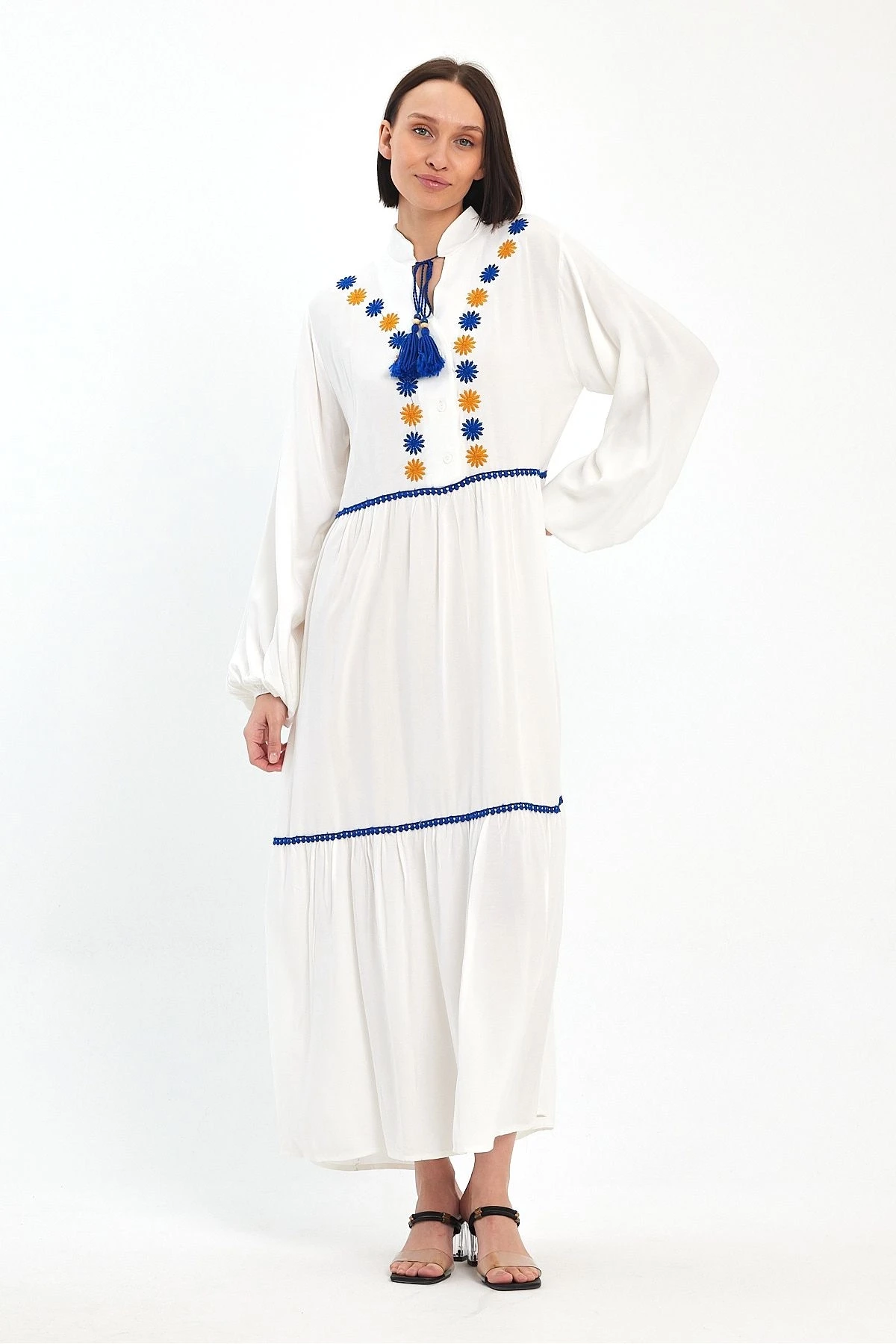 VP1004 Hakim Yk.Bağcıklı Nakış Dty Balon Kol Uz.ViskonElbise BEYAZ