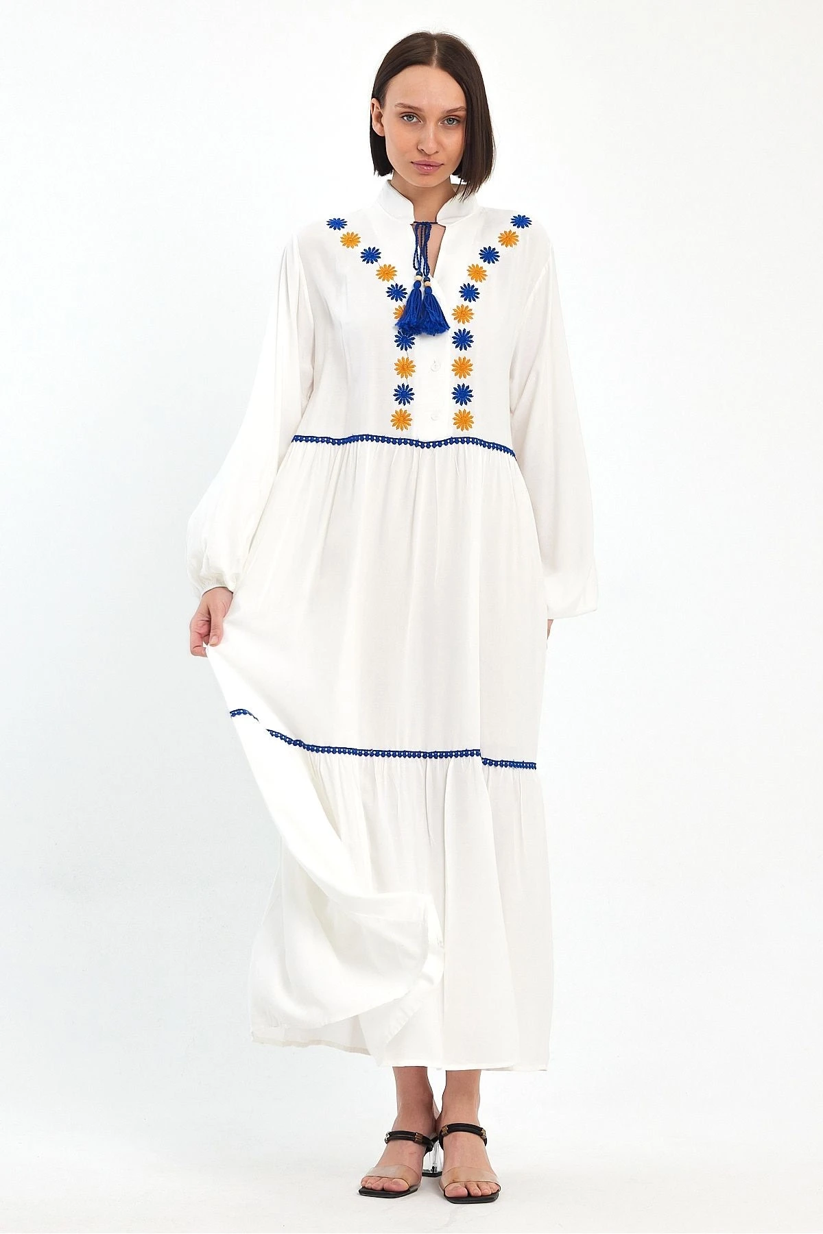 VP1004 Hakim Yk.Bağcıklı Nakış Dty Balon Kol Uz.ViskonElbise BEYAZ