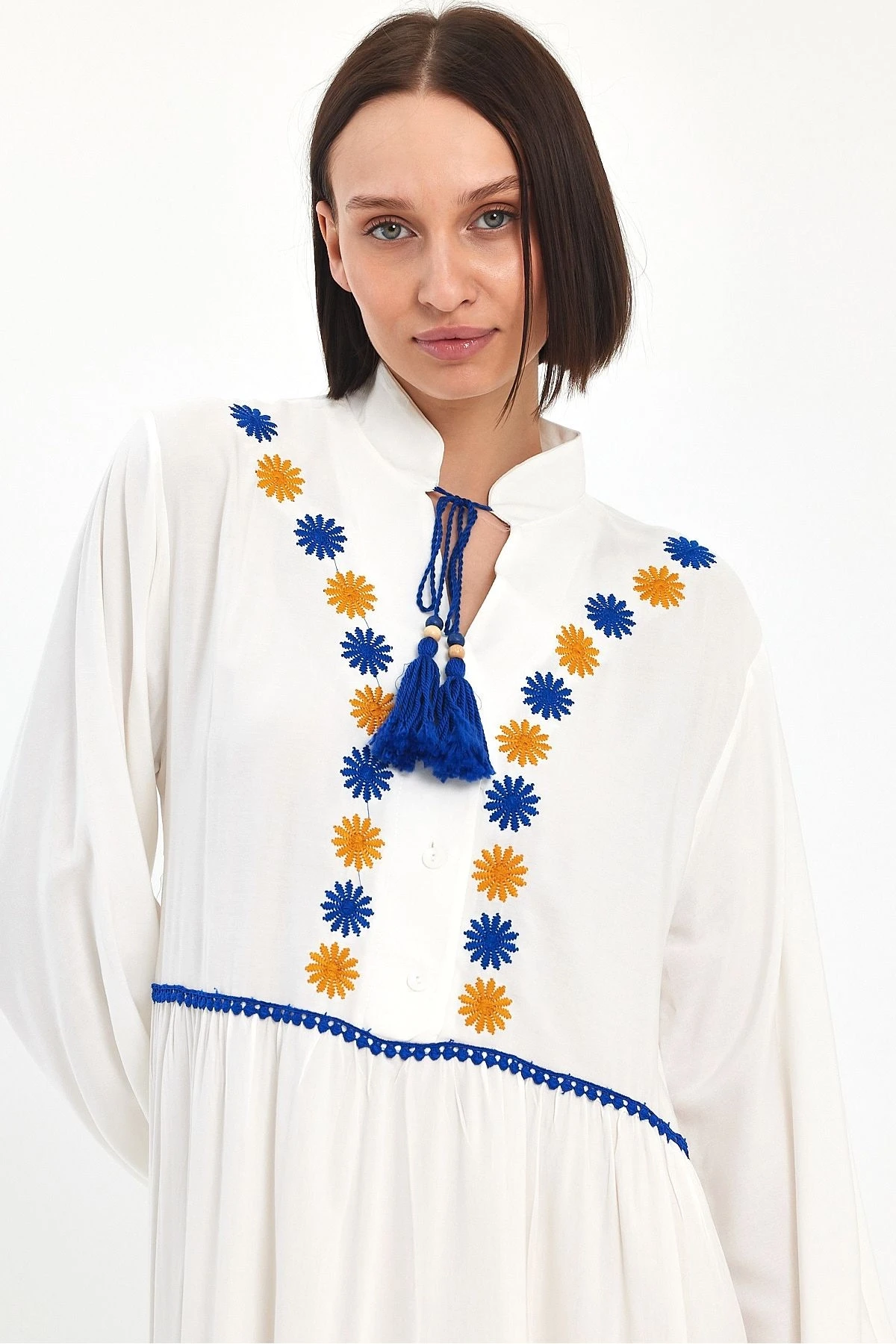 VP1004 Hakim Yk.Bağcıklı Nakış Dty Balon Kol Uz.ViskonElbise BEYAZ