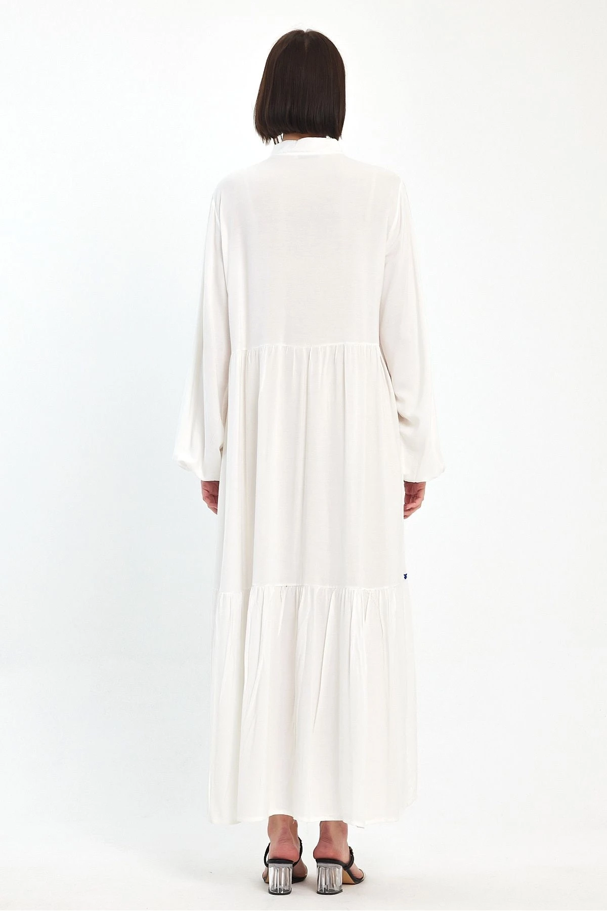 VP1004 Hakim Yk.Bağcıklı Nakış Dty Balon Kol Uz.ViskonElbise BEYAZ